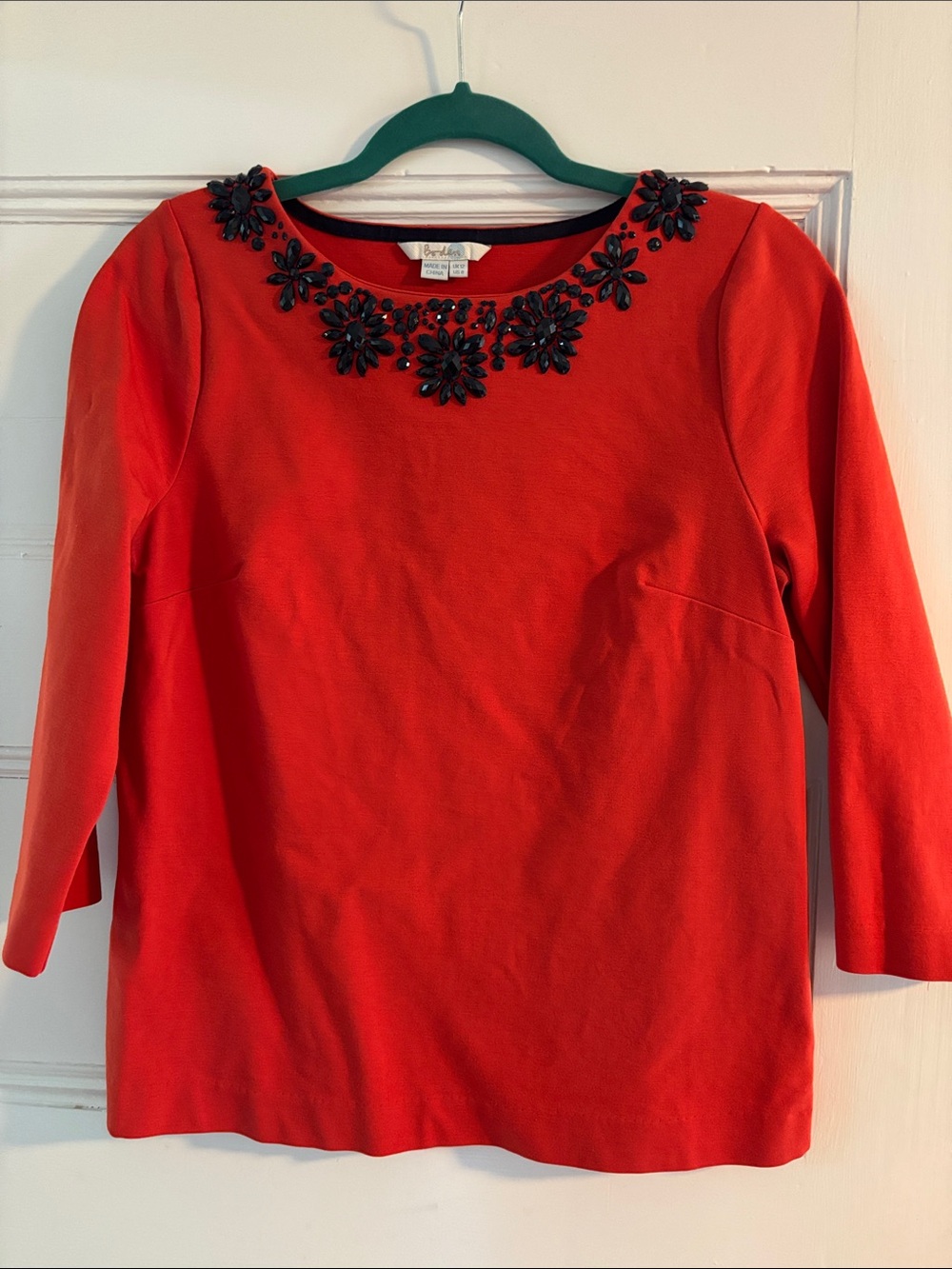 Boden Red Jewel-Embellished Crewneck Top